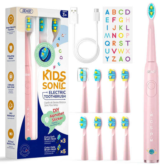 Children Electric Toothbrush with 8 Replacement Heads DIY Stickers 5 Cleaning Modes Blue Pink Yellow 3 Colors Soft Bristles