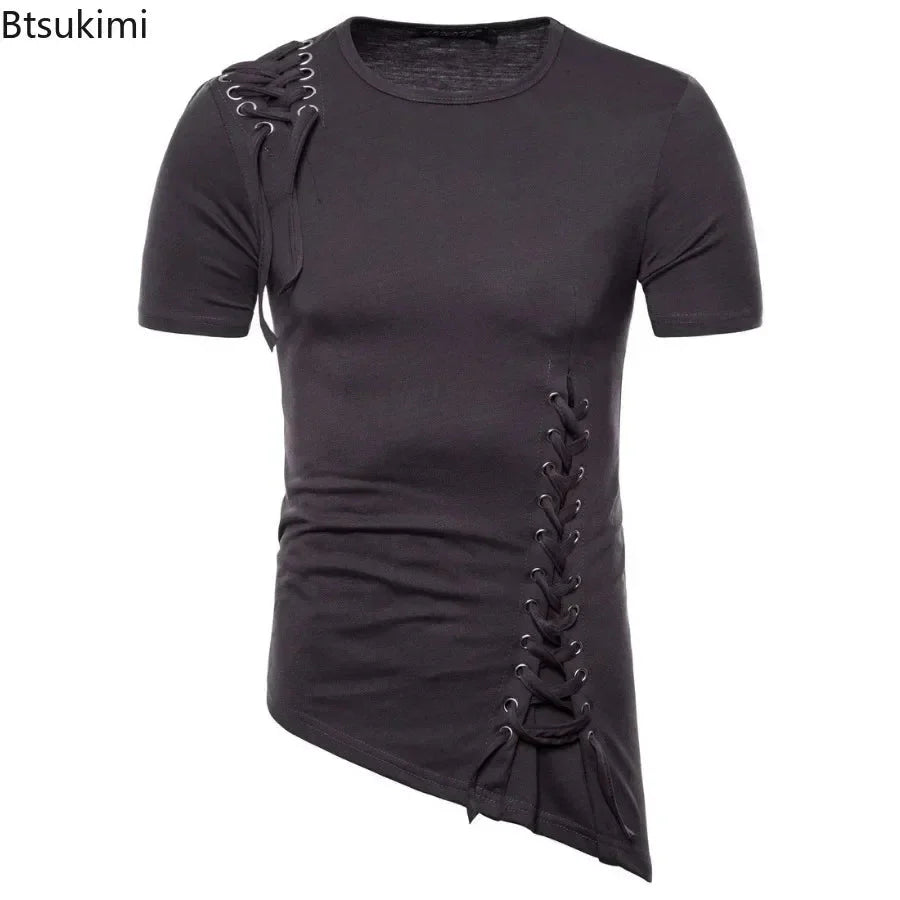 New2026 Men's Summer Short Sleeve T-shirts Trend Irregular Design Lace Up Solid Slim Tees Fashion Gothic Style Casual Shirts Men