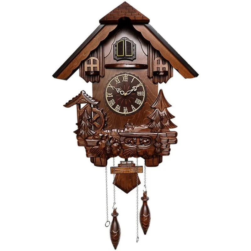Antique Classic Solid Wood Hand-carved Cuckoo Wall Clock, Children's Music, Hour Announcement Swinging Creative Clock