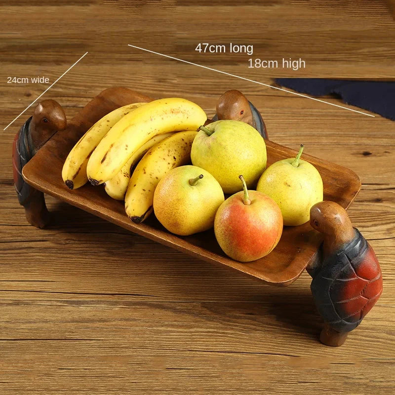 Solid Wood Fruit Plate for Home Living Room, Coffee Table Tray, Three Turtles Base Side Polished, Smooth Eco Friendly Wood Wax O