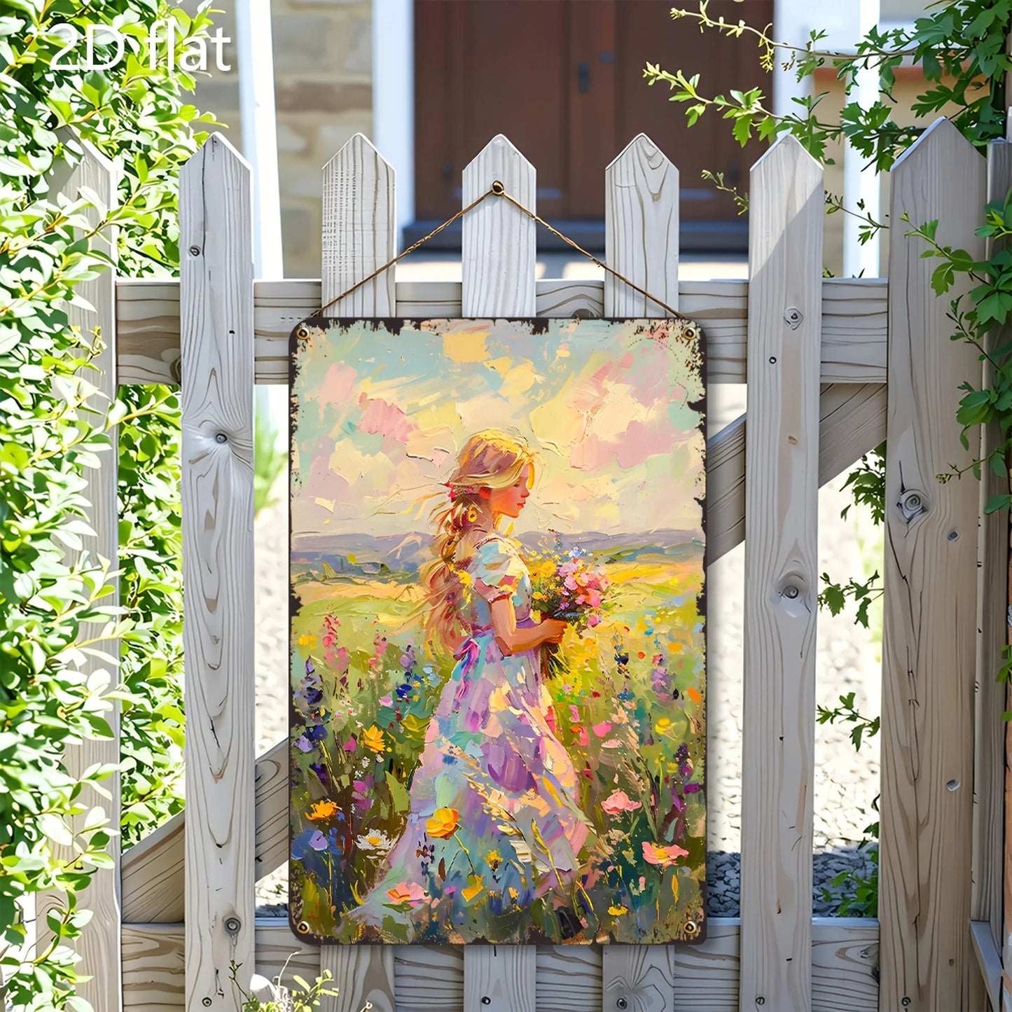 Vibrant Floral Scene 2D Flat Wall Art - Blonde Woman & Wildflowers Metal Sign, 8x12 Inch Indoor/Outdoor Decor