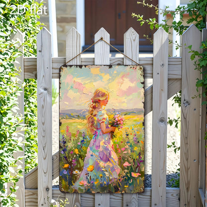 Vibrant Floral Scene 2D Flat Wall Art - Blonde Woman & Wildflowers Metal Sign, 8x12 Inch Indoor/Outdoor Decor