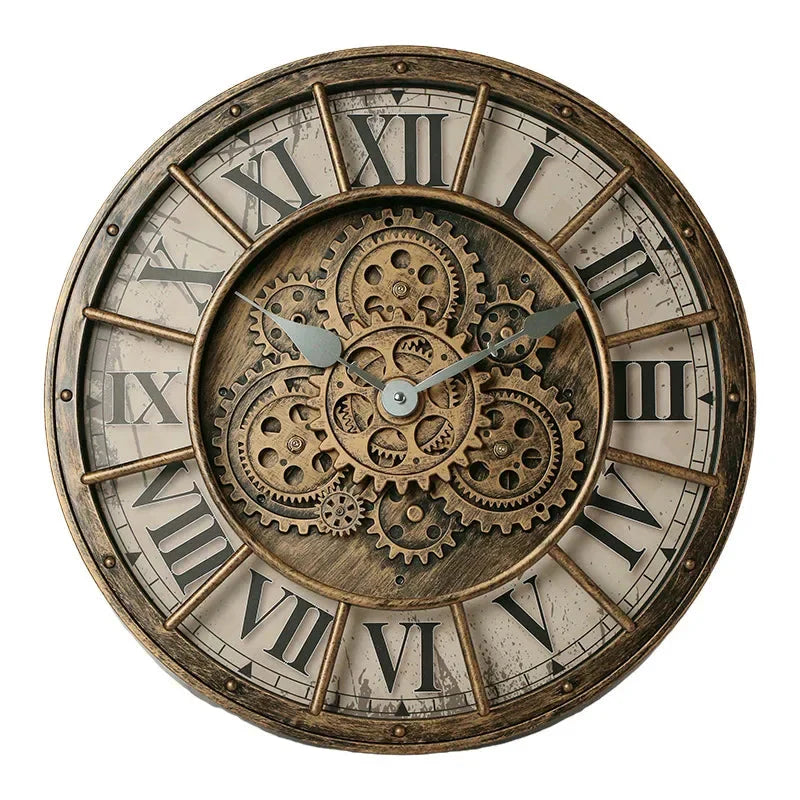 Retro Industrial Roman Wall Clock  Gear Rotation Clock Living Room Decorative Wall Clock Stylish Silent Wall Clock Quartz Clock