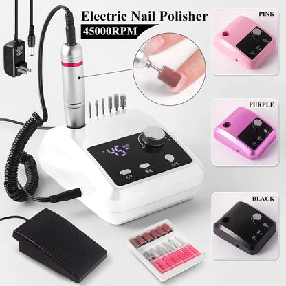 45000RPM Nail Drill Machine Professional Nail Lathe with Large LCD Screen Smart Electric Manicure Polisher Nail Art Tools