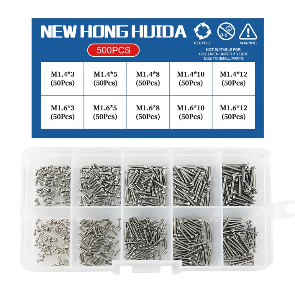 M1 M1.2 M1.4 M1.6 M2.5 M3 304 Stainless Steel Round Head Cross Small Screw Set Metric Thread Machine Bolt Assortment Kit Set