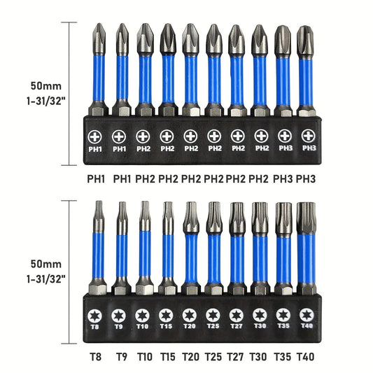 2" Impact Torx Bit PH2 Set 10pcs (TT6-TT40), 1/4" Hex-Shank S2 Steel Star Bit Set, CNC Machined Tips with Magnetism,