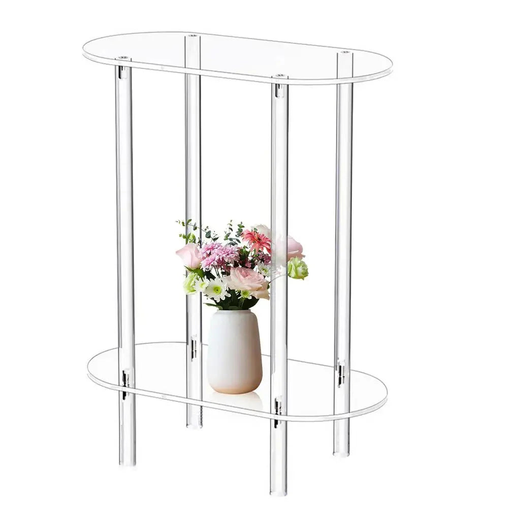 Acrylic Transparent Tea Table Sofa Side Table 2-tier Coffee Table Oval End Bedside Cabinet Nightstand for Living Room Bedroom
