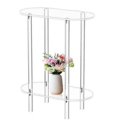 Acrylic Transparent Tea Table Sofa Side Table 2-tier Coffee Table Oval End Bedside Cabinet Nightstand for Living Room Bedroom