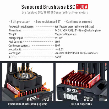 ROCKET-RC 100A ESC Sensored Brushless Electric Speed Controller 2-3S for 1/10 RC Drift Car 380/390/540 Sensored Brushless Motor