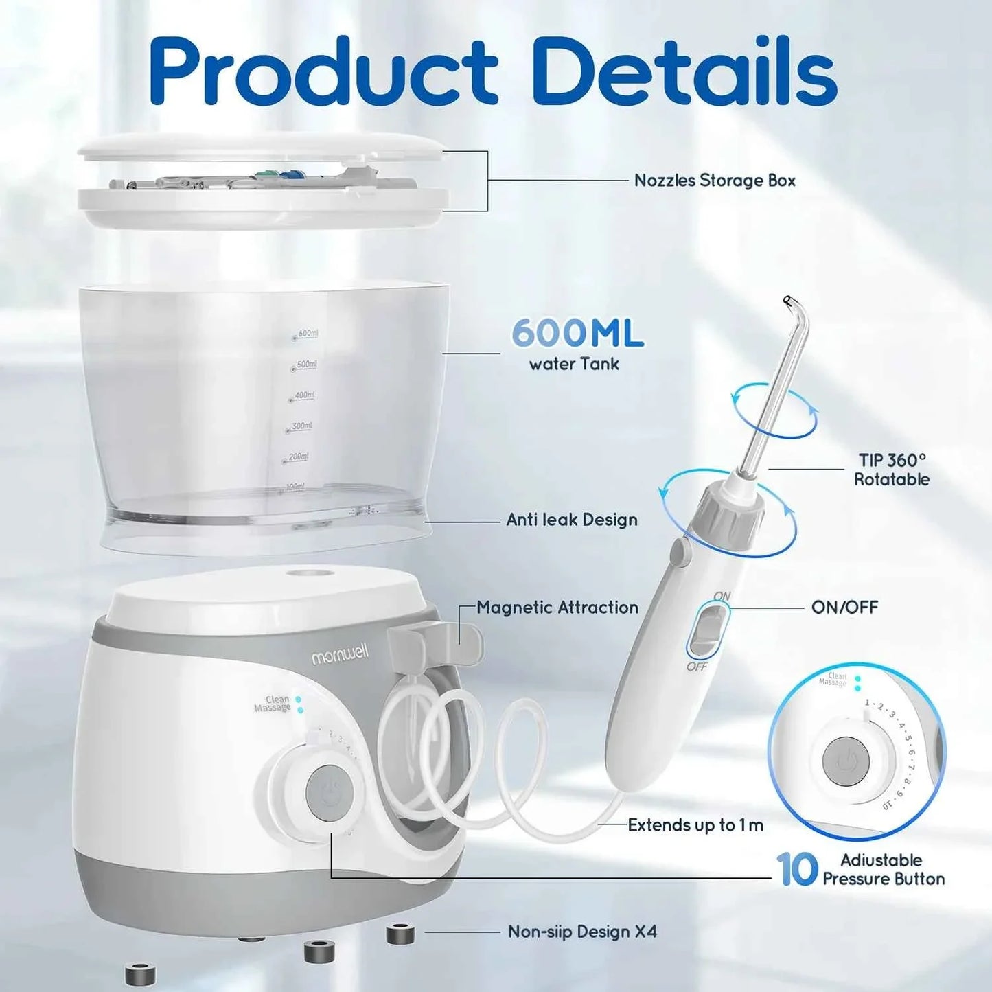 Home Water Flosser, 10 Adjustable Pressures,600 ml Large Capacity,6 Home Nozzles Professional Oral Irrigator for Teeth Clean