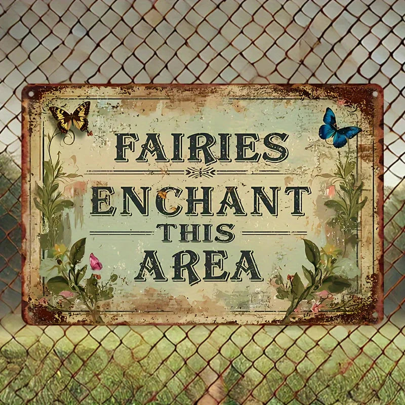 Enchanted Fairy Garden Metal Sign (8"x12") - Whimsical Wall Art with Butterflies & Flowers for Magical Home Decor