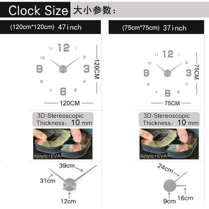 Fashion 3D Mediterranean style big size blue wall clock mirror sticker DIY brief living room decor meetting room wall clock