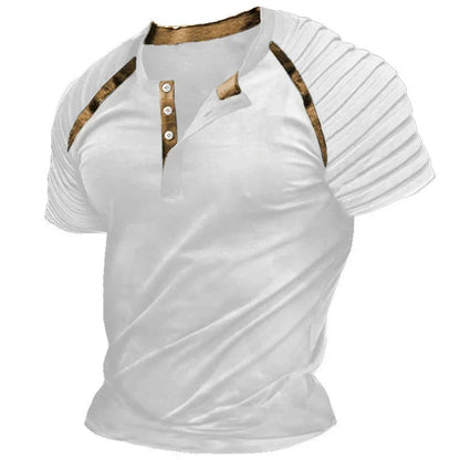 2024 Spring Summer Casual Mens T Shirts Short-sleeved Pleated Buttoned Tops Men Vintage Patchwork Striped T-shirt