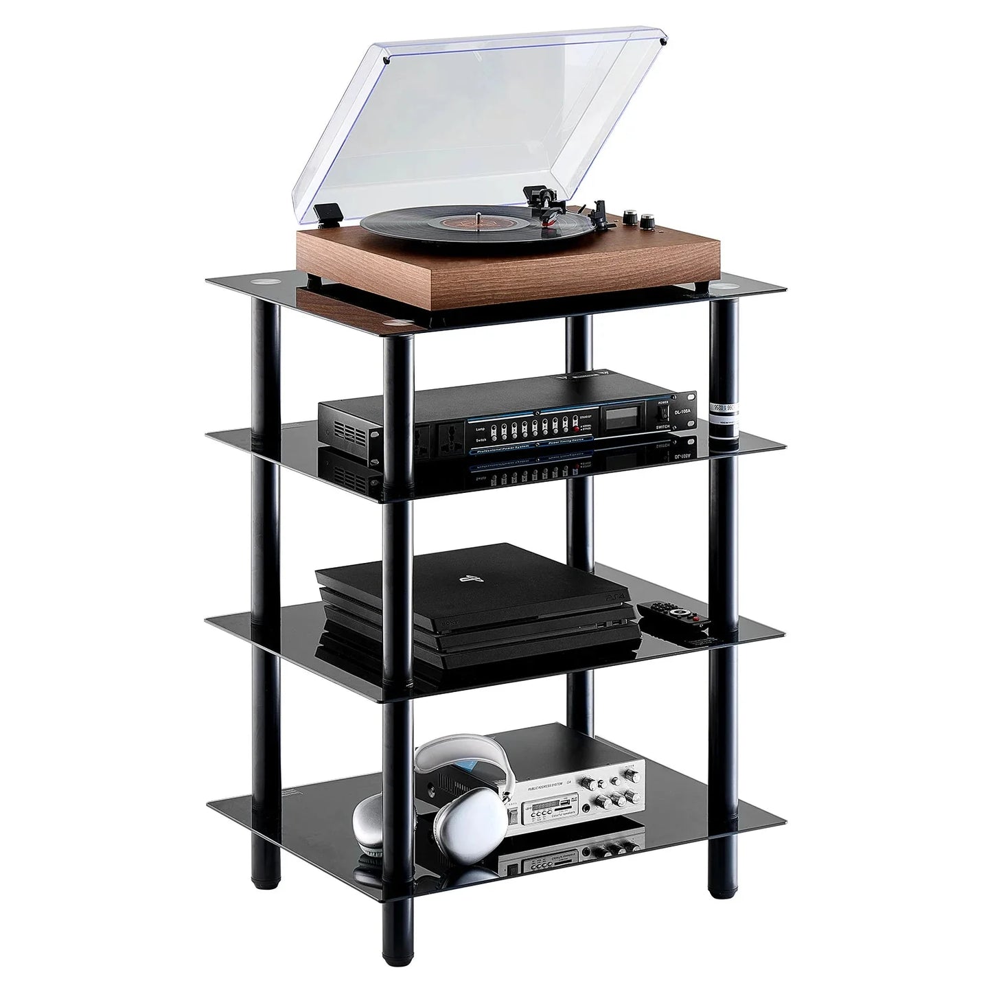SucceBuy 4-Tier AV Media Stand Audio/Video Stand with Strengthen Tempered Glass Shevles for DVD Adjustable Media Storage Cabinet