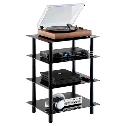 SucceBuy 4-Tier AV Media Stand Audio/Video Stand with Strengthen Tempered Glass Shevles for DVD Adjustable Media Storage Cabinet