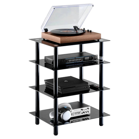 SucceBuy 4-Tier AV Media Stand Audio/Video Stand with Strengthen Tempered Glass Shevles for DVD Adjustable Media Storage Cabinet