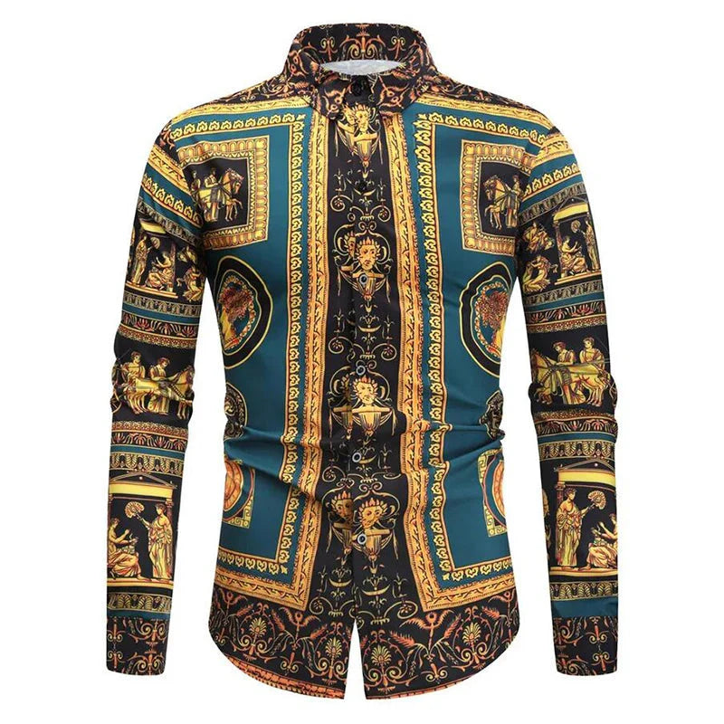 Baroque Floral Royal Shirts Men Luxury Print Designer Tops Paisley Pattern Flowers Fashion Western Long Sleeve Shirt Camisas