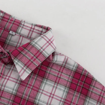 Pink Plaid Shirt for Women in Europe and America New Versatile Loose Shirt for Women Removable Long-sleeved Lapel Top