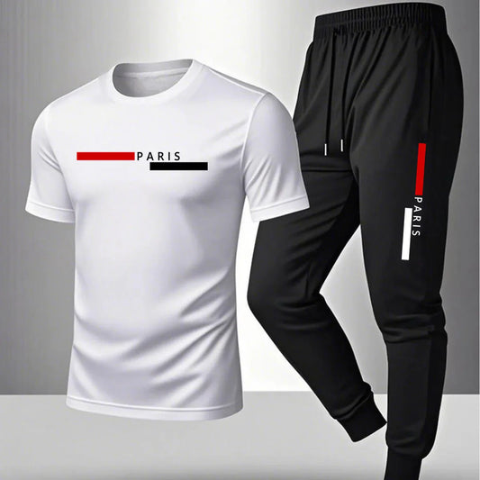 2026 NEW Men's Summer Casual Pants+Short Sleeve T-shirt Set Paris Paris Paris Printed Two Piece Set Men's Sports Set