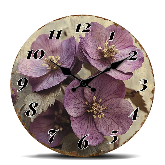 Purple Flower Blossom Floral Art Design Rustic Charm Decorative Clock 10"-16"