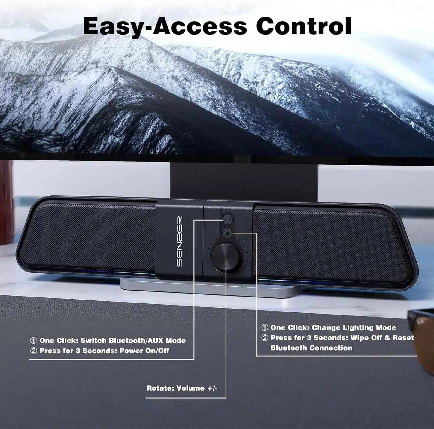 SENZER Computer Speakers-Gaming Speaker with Stereo Sound,PC Sound Bar for Laptop Desktop Monitor (Bluetooth & 3.5mm Aux)