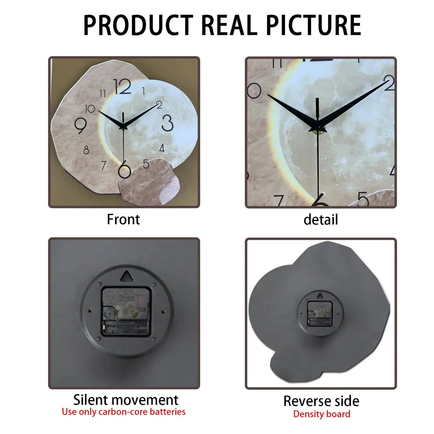 Modern Simple Silent Wall Clock, Moon Design - Quartz Movement, Wooden Material, for Bedroom, Living Room or Office Decoration