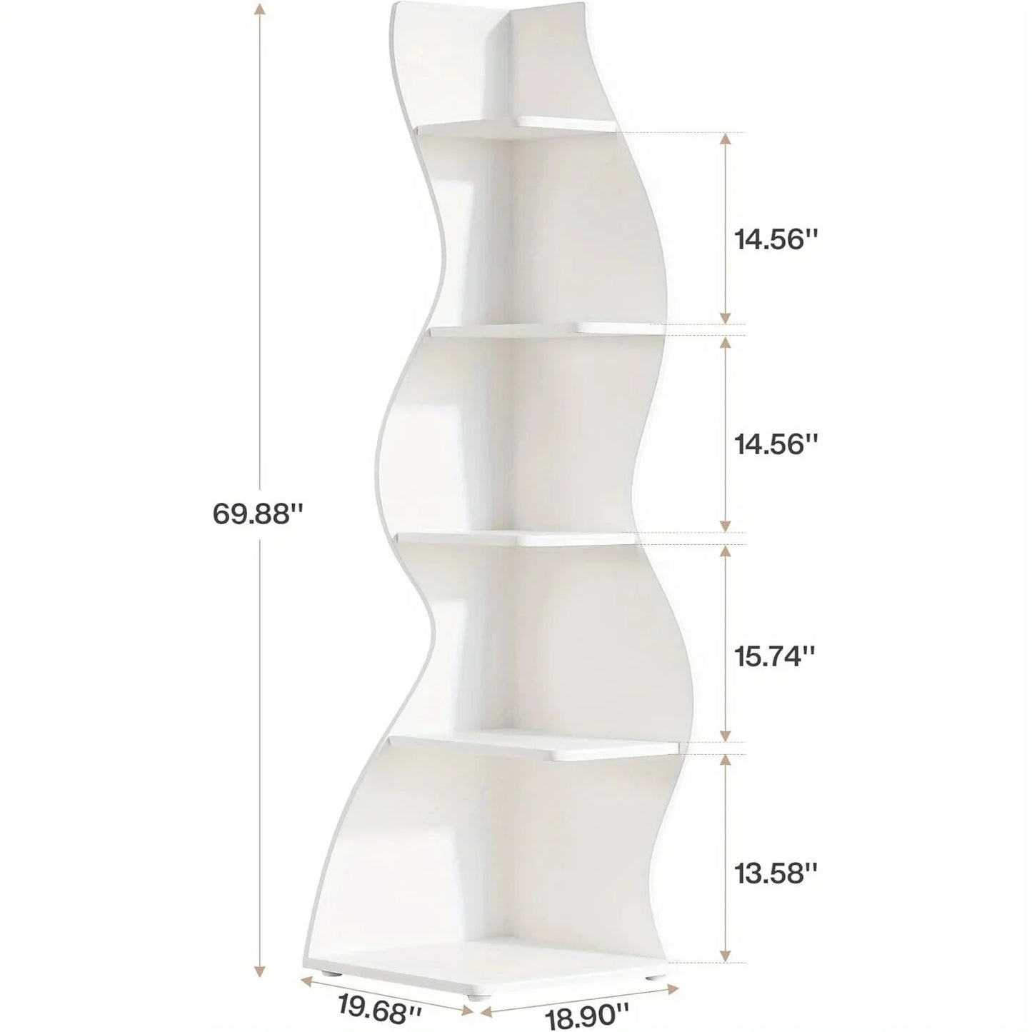 5-Tier Wave Bookshelf  Modern curved corner shelf with metal frame and wooden shelves, white finish, sturdy floor design bedroom