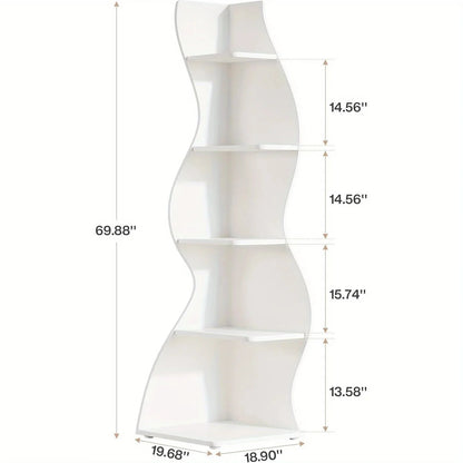 5-Tier Wave Bookshelf  Modern curved corner shelf with metal frame and wooden shelves, white finish, sturdy floor design bedroom
