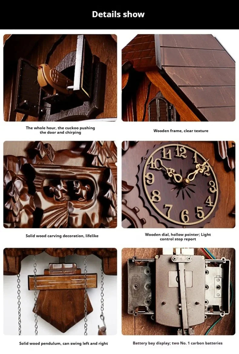Antique Classic Solid Wood Hand-carved Cuckoo Wall Clock, Children's Music, Hour Announcement Swinging Creative Clock