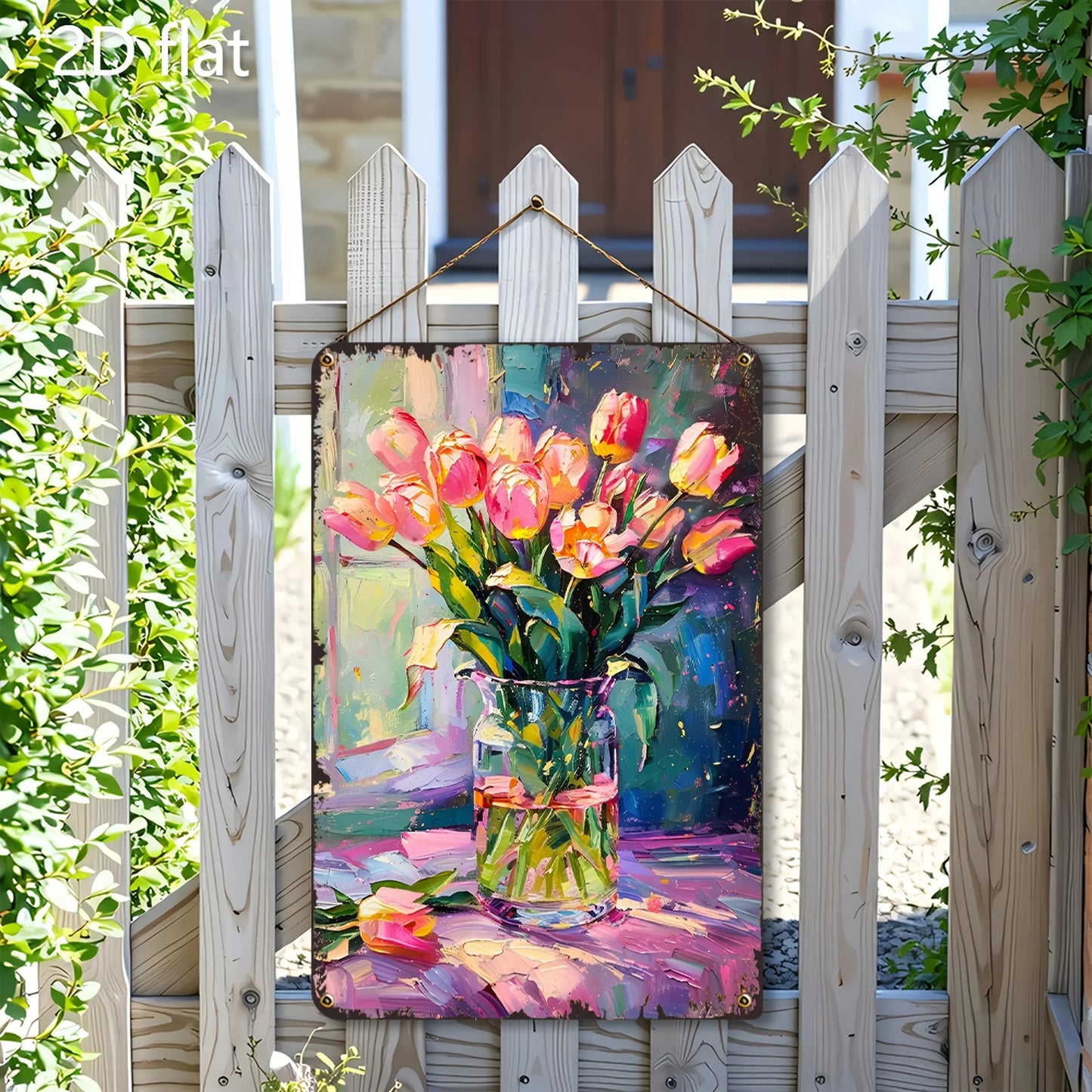 Vibrant Tulip Bouquet Metal Wall Art - 8x12 Inch 2D Design, Durable Iron Sign for Home, Garden & Office Decor