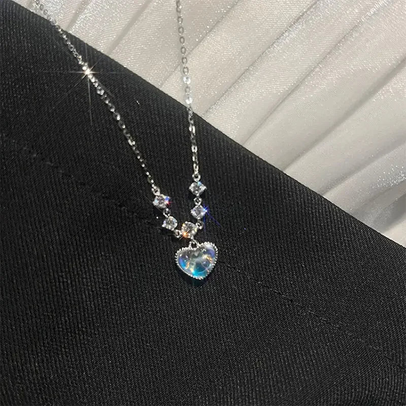 Fashion Fairy Pink Crystal Bow Knot Pendant Necklaces Y2K Girls Sweet Rhinestone Heart Clavicle Chain Women Jewelry Gifts