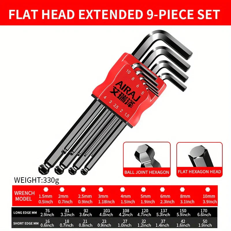 Professional 10-Piece Hex Key Set - Metric & SAE - CR-V Steel Allen Wrenches with Ball End