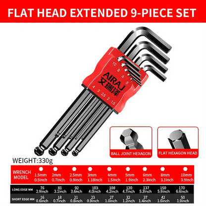 Professional 10-Piece Hex Key Set - Metric & SAE - CR-V Steel Allen Wrenches with Ball End