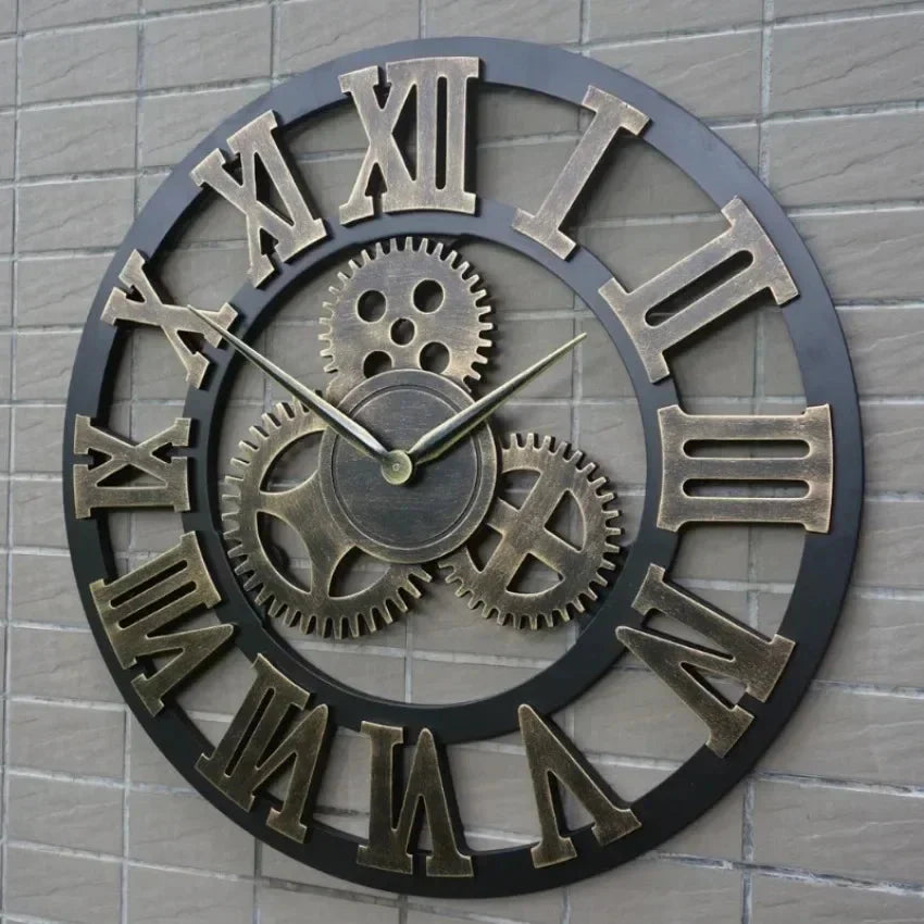 Vintage Style Industrial Wall Clock with Roman Numerals Visible 3D Gears 11"-17" Gold or Silver