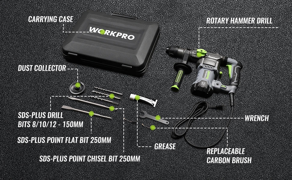 WORKPRO  12.5 AMP Heavy Duty Rotary Hammer Drill for Concrete 32mm MAX, Steel 13mm MAX,Wood 42mm MAX.