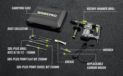 WORKPRO  12.5 AMP Heavy Duty Rotary Hammer Drill for Concrete 32mm MAX, Steel 13mm MAX,Wood 42mm MAX.