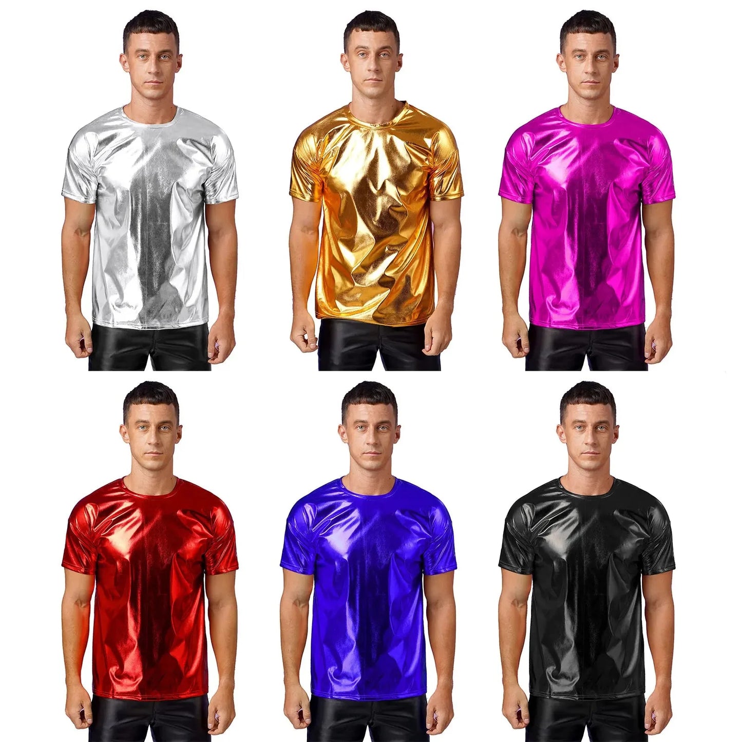 Mens Dance Shirts Tops Party Performance 80s Clothes Metallic Shiny Short Sleeve Round Neck T-shirt for Club Show Role Play