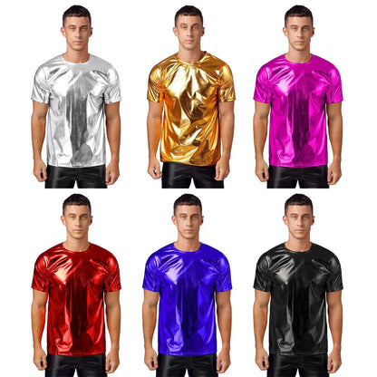 Mens Dance Shirts Tops Party Performance 80s Clothes Metallic Shiny Short Sleeve Round Neck T-shirt for Club Show Role Play