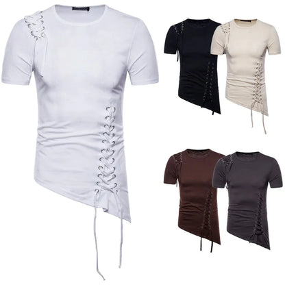 New2026 Men's Summer Short Sleeve T-shirts Trend Irregular Design Lace Up Solid Slim Tees Fashion Gothic Style Casual Shirts Men