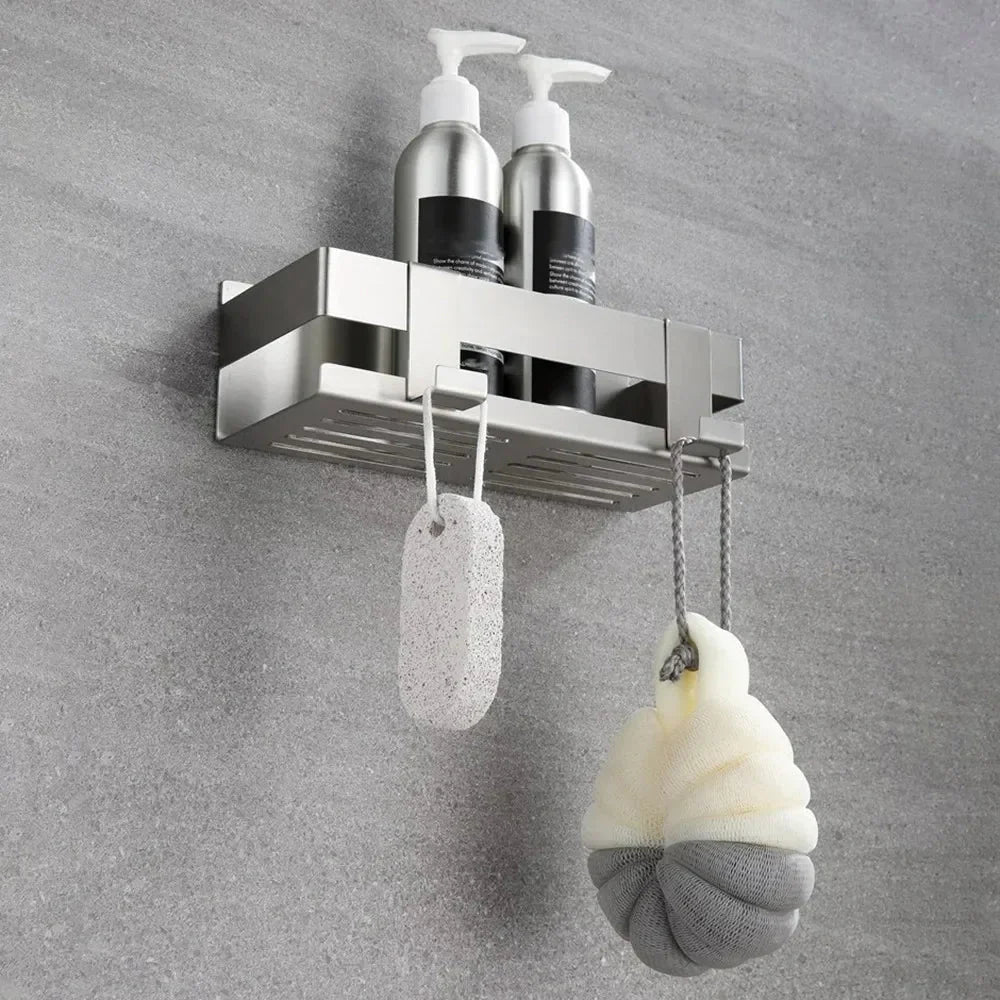 Stainless Steel Shower Shelf Without Drilling Wall Mounted Shower Caddy Basket with Hooks for Bathroom Kitchen Shelf Organizer