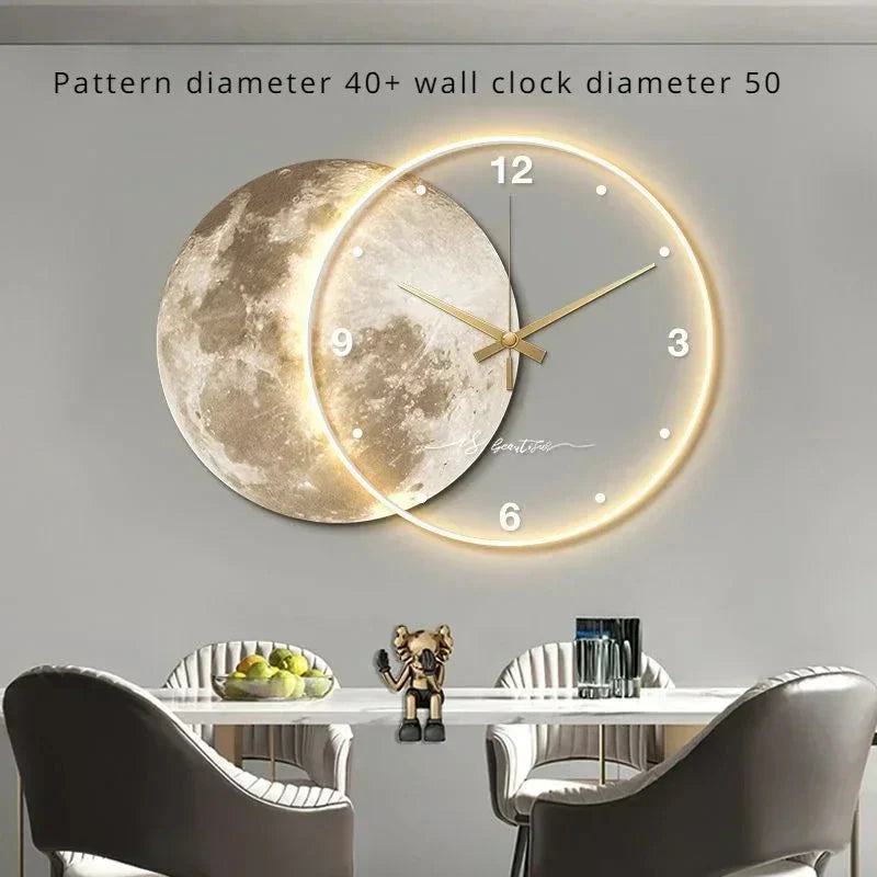 Large Wall Clock Luxury Dining Room Living Room Moon The Earth Modelling LED Light Silent Movement Bedroom Clock Wall Decoration