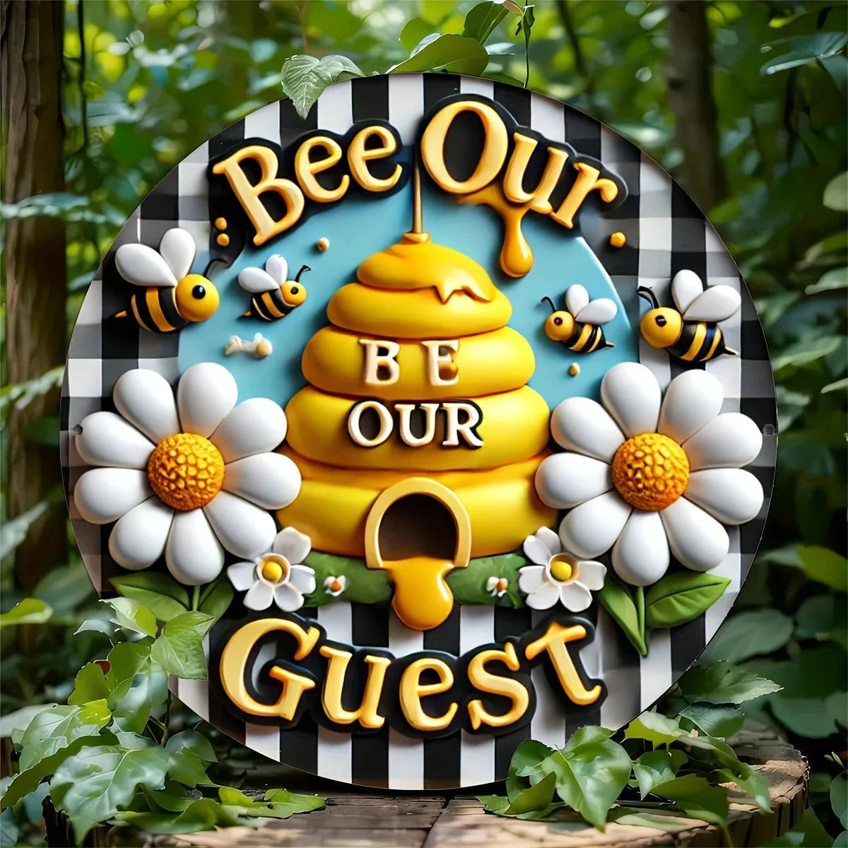 1pc 8x8 Inch Round Aluminum Metal Sign, Bee Wreath Wall Art, Summer Home Decor, Outdoor Indoor Door Decoration