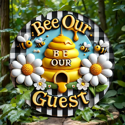 1pc 8x8 Inch Round Aluminum Metal Sign, Bee Wreath Wall Art, Summer Home Decor, Outdoor Indoor Door Decoration