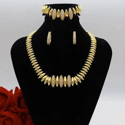 Dubai Vintage Jewelry Sets For Women Luxury Design Shiny Zircon Gold Plated Necklace Earring Bangle Wedding Party Accessories
