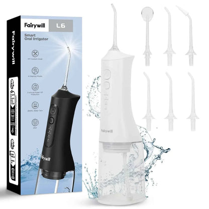 Fairywill Portable Oral Irrigator - 300ML Cordless Water Flosser with 6 Jet Nozzles
