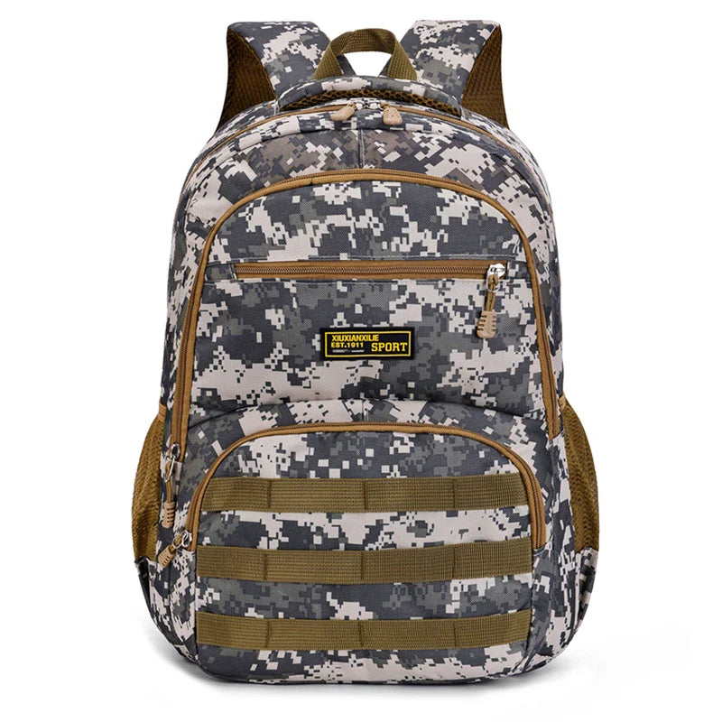 Camouflage large-capacity backpack - adjustable shoulder strap, outdoor theme style, zipper closure, ideal for hiking