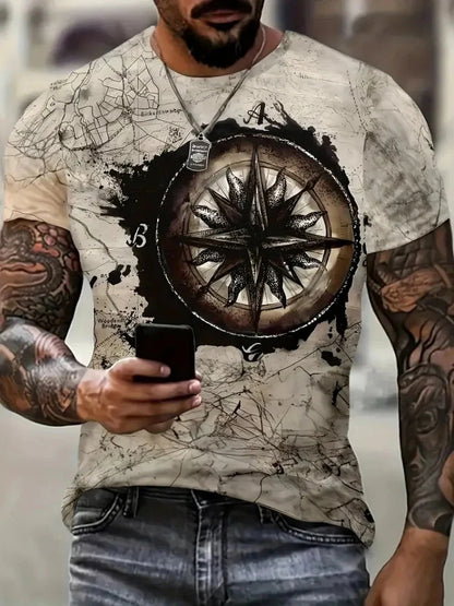 New T-Shirts for Men Unique Geometric Print Design Summer Vintage Graphic T-Shirts Casual Crew Neck Short Sleeve Men's Clothing
