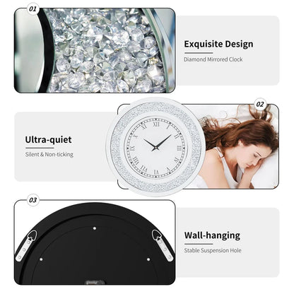 LUVODI 32inch Modern 3D Wall Clock Large Diamond Crystal Living Room Kitchen Bedroom Hall Clock with Roman Numerals