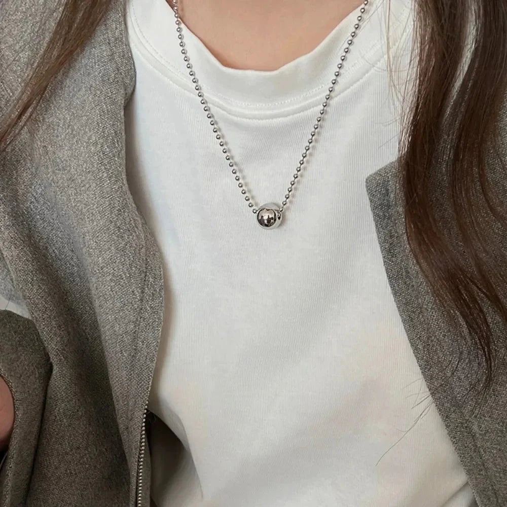 Personality Design Silver Color Stainless Steel Beaded Ball Pendant Necklace for Women Double Layer Hip Hop Rock Chokers Jewelry