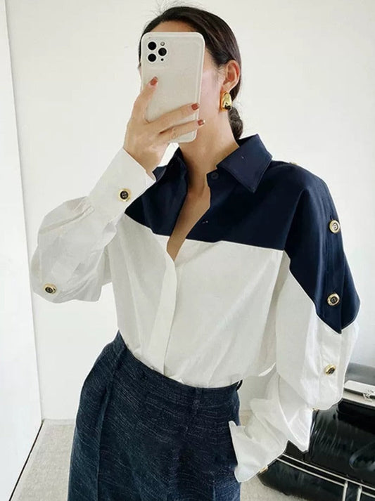 Patchwork Lapel Women Shirts Long Sleeve Single-breasted Loose Female Blouses